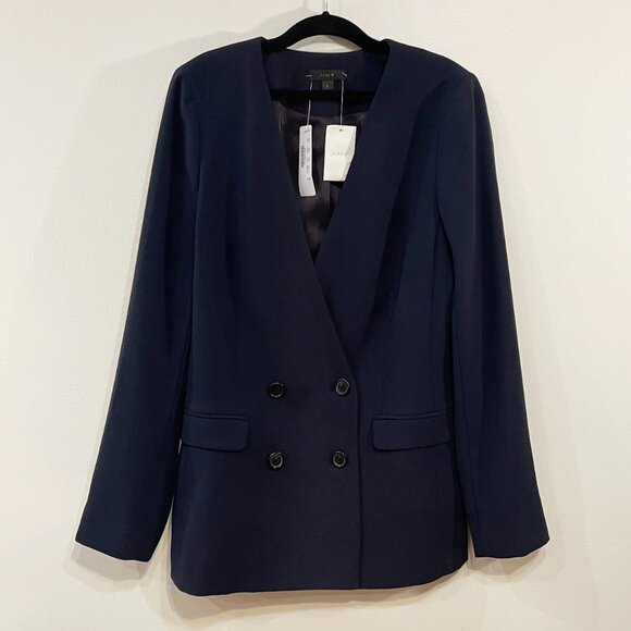 New J.Crew Collarless Double-Breasted Crepe Blazer Navy Blue 2 $298 - Picture 3 of 9